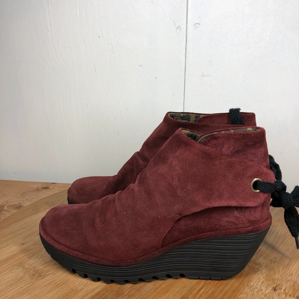 Fly London Shoes 39 Womens 8 Yebi Ankle Boots Red Suede Tie Casual Wedge
